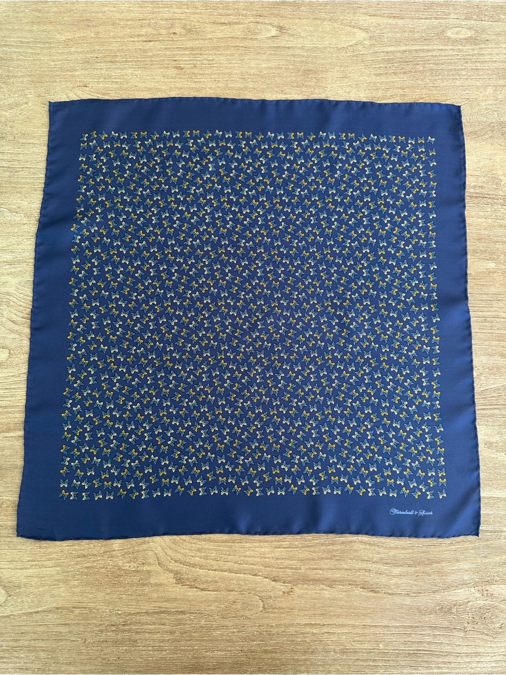 Turnbull & Asser Blue Yellow Butterfly Geometric Silk Hand Rolled Scarf 18” sq
